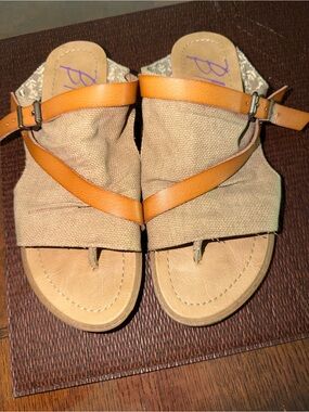 Blowfish Tan Canvas Slide Sandals with Cognac Straps and Buckle